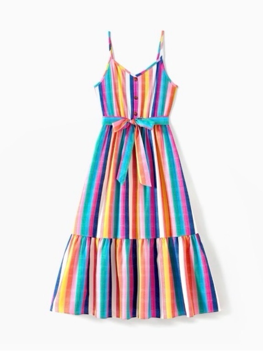 Patpat Women Multi-Color Stripe Ruffle Hem Button Strap Dress, Size S, L, XL